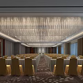Large Conference Room Interior With Crystal Chandelier Yellow Chair Covers And Arranged Tables