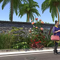 Beautiful Flowers and Green Plants with Palm Trees by Brick Wall in Roadside Scene