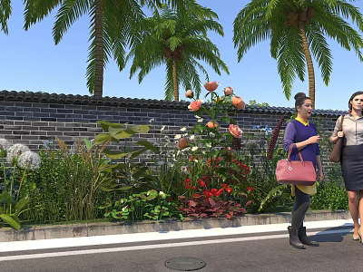 Beautiful Flowers and Green Plants with Palm Trees by Brick Wall in Roadside Scene 3d model