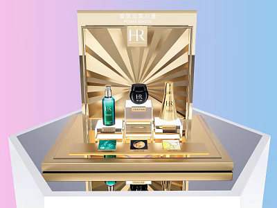 Luxury HR Perfume Cosmetics Golden Display Case With Various Products And Elegant Design 3d model