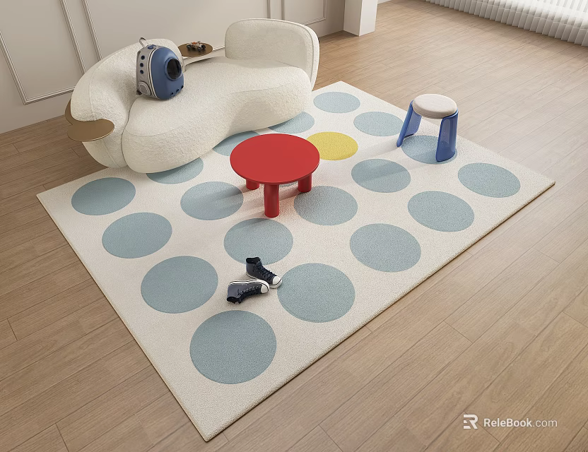Square Area Rug With Blue Yellow Polka Dots White Sofa Red Round Table Blue Stool 3d model 
