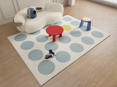 Square Area Rug With Blue Yellow Polka Dots White Sofa Red Round Table Blue Stool 3d model