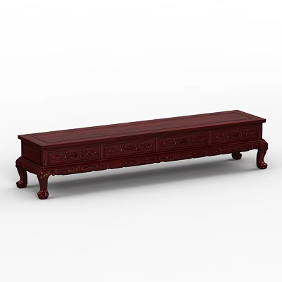 Dark Red Wooden TV Stand With Carved Patterns And Classic Leg Design 3d model