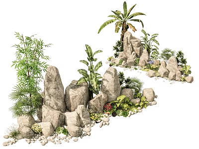 Natural Rockery Stones Arrangement with Palm Tree Bamboo and Green Plants 3d model