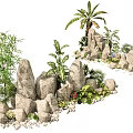 Natural Rockery Stones Arrangement with Palm Tree Bamboo and Green Plants