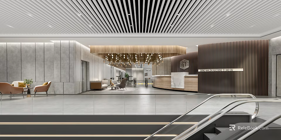 Modern Elegant Reception Area With Wooden Marble Front Desk And Ceiling Lighting Design 3d model 