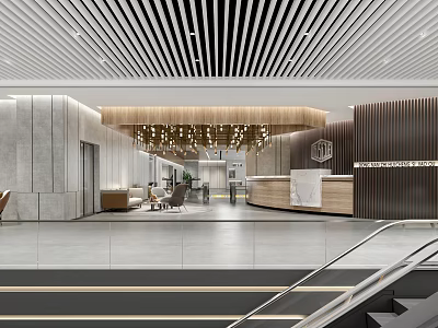 Modern Elegant Reception Area With Wooden Marble Front Desk And Ceiling Lighting Design 3d model