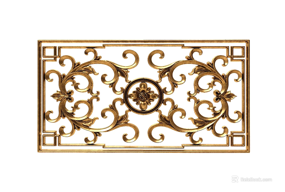 Golden Rectangular Carved Panel With Intricate Floral Patterns And Central Circular Motif 3d model 