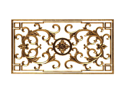 Golden Rectangular Carved Panel With Intricate Floral Patterns And Central Circular Motif 3d model