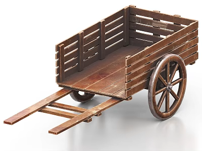 Vintage Wooden Cart With Slatted Sides And Large Spoked Wheels 3d model