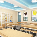 School Robotik Classroom With Bright Windows Student Desks Chairs Hanging Lights And Colorful Models
