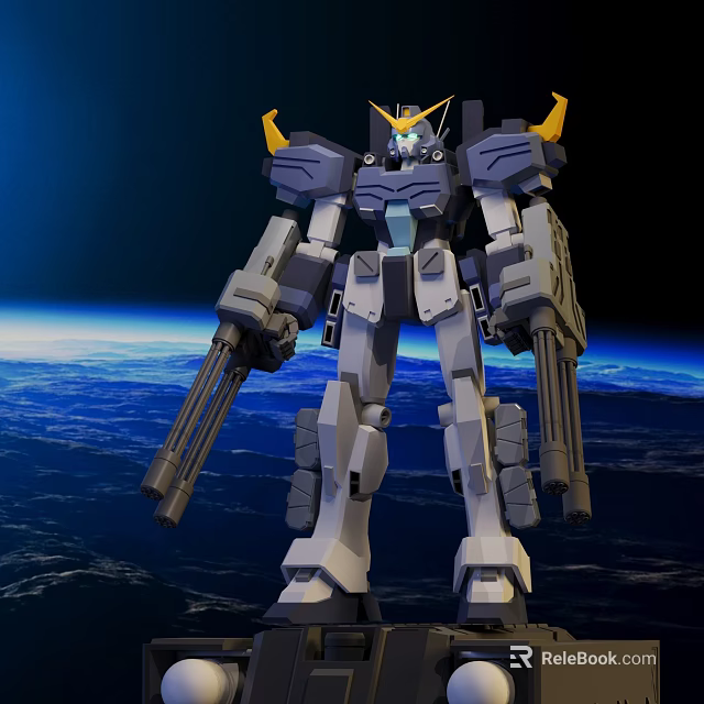 Gray And White Mecha Robot With Yellow Horns Holding Guns Against Space Earth Background 3d model 