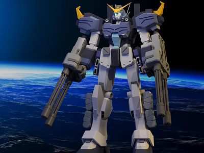 Gray And White Mecha Robot With Yellow Horns Holding Guns Against Space Earth Background 3d model