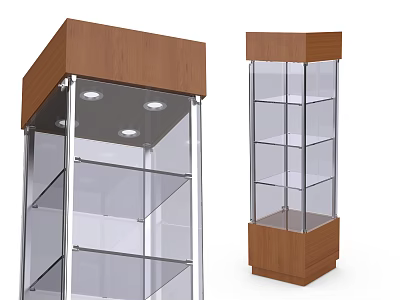 Display Cabinets with Glass Shelves Wooden Top and Metal Frame Structure 3d model