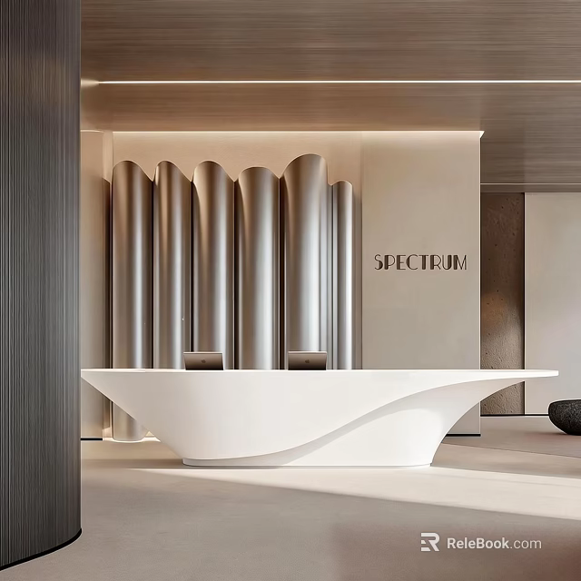 Elegant Modern Curved White Reception Desk With Sleek Metallic Decorative Wall For Luxury Commercial Space 3d model 
