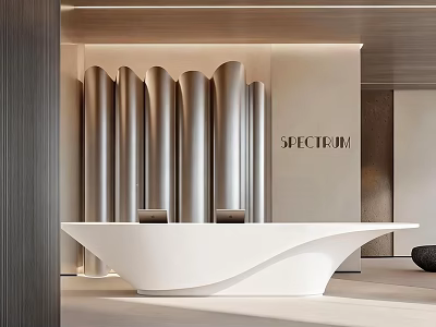 Elegant Modern Curved White Reception Desk With Sleek Metallic Decorative Wall For Luxury Commercial Space 3d model