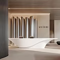 Elegant Modern Curved White Reception Desk With Sleek Metallic Decorative Wall For Luxury Commercial Space