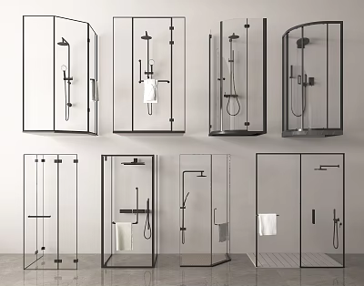 Modern Shower Heads with Different Designs in Stylish Glass Shower Enclosures 3d model