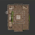 Ancient Multi Layered Building Structure With Green Plants And Wooden Details