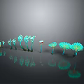 Vibrant Blue Green Coral Shaped Plants Arranged In Row On Dark Background With Reflections