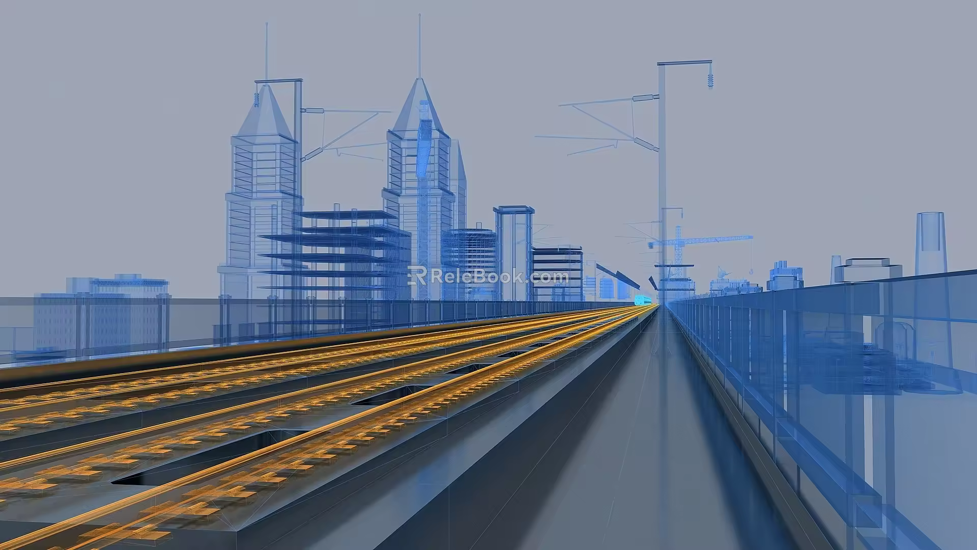 Wireframe Train Running Animation Scene High-speed Railway Fuxing Train City Railway Bridge Running Train Wireframe City Virtual City Wireframe 3d model