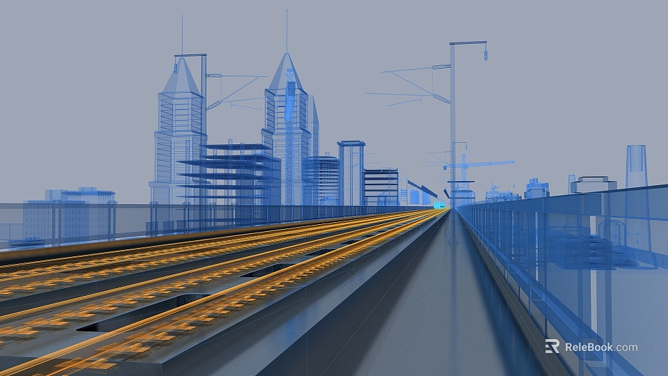 High-Speed Train Traveling On Railway Track Through Modern Urban Skyline With Skyscrapers 3d model 
