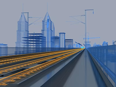 High-Speed Train Traveling On Railway Track Through Modern Urban Skyline With Skyscrapers 3d model