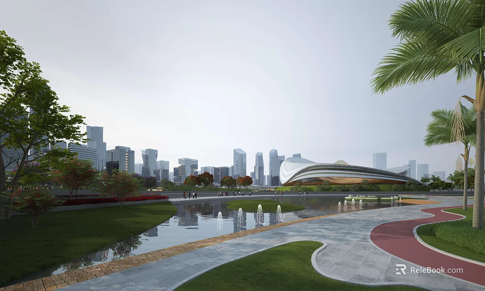 Scenic Urban Park Landscape With Water Pond Red Gray Pathway Green Lawn And Trees 3d model 