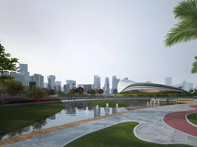 Scenic Urban Park Landscape With Water Pond Red Gray Pathway Green Lawn And Trees 3d model