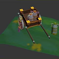 Cart With Barrels On Green Surface Featuring Yellow Trim And Silver Containers
