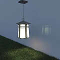 Lighted Outdoor Lantern Style Chandelier With Glass Panes Hanging Over Green Grass Against Light Wall