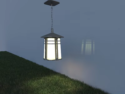 Lighted Outdoor Lantern Style Chandelier With Glass Panes Hanging Over Green Grass Against Light Wall 3d model