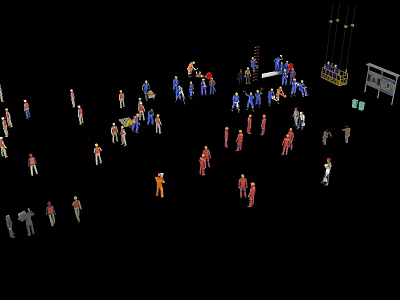 Multiple People in Colored Work Clothes Working Near Ladders Platforms and Equipment 3d model