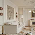 Elegant Modern Living Room Interior With White Sofa Fireplace Chandelier And Floor To Ceiling Windows