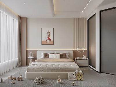 Kids Room Interior With Beige Bed Two Nightstands White Curtains Girl Painting And Toys 3d model
