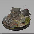 Traditional Japanese Architecture With Wooden Houses Tile Roofs Red Torii Gate Small Bridge And Stream