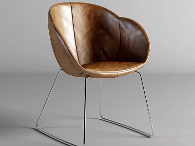 Modern Brown Leather Leisure Chair With Curved Design And Silver Metal Legs 3d model