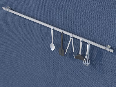 Kitchen Utensils Hanging on White Rod Including Spoon Spatula and Whisk 3d model