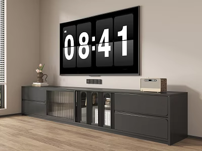 Modern Gray TV Stand With Drawers Glass Doors And Wall Mounted TV In Living Room 3d model
