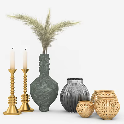 Decorative Ornament Set with Green Vase Pampas Grass Golden Candle Holders and Grey Striped Vase 3d model