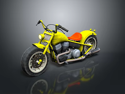 Yellow Vintage Custom Motorcycle With Red Solo Seat Large Wheels Chrome Exhaust Pipes 3d model