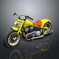 Yellow Vintage Custom Motorcycle With Red Solo Seat Large Wheels Chrome Exhaust Pipes