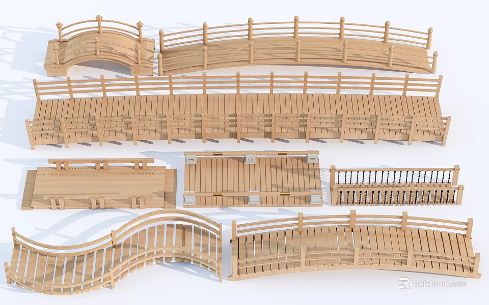 Wooden Landscape Bridges With Various Curved And Straight Designs And Railings 3d model 