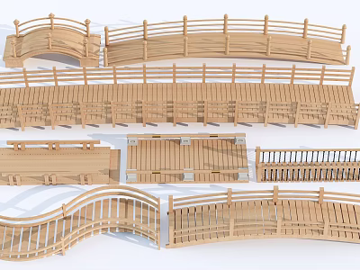 Wooden Landscape Bridges With Various Curved And Straight Designs And Railings 3d model