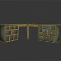 Vintage L Shaped Wooden Furniture With Open Shelves And Colorful Drawers