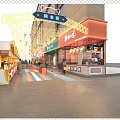 Bustling Commercial Street At Night With Decorative Lights Pedestrians And Colorful Storefronts
