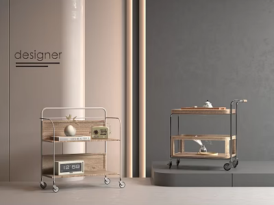 Modern Wheeled Side Carts With Wooden Shelves And Metal Frames For Living Room Decor 3d model