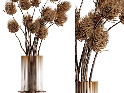 Brown Dried Flowers Placed in Vertical Striped Golden Vase for Decorative Home Use 3d model