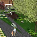 Residential Landscape With Walking Path Yellow Flowers Green Lawn And Trees