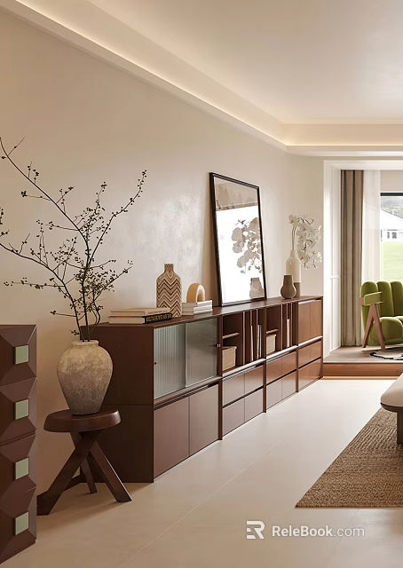 Modern Wooden TV Stand With Glass Fronted Cabinets Storage Drawers Decorative Vases And Mirror 3d model 